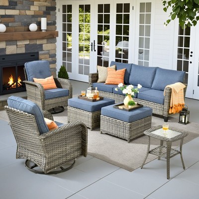 XIZZI Outdoor Rattan Sectional Sofa Set, Modular Patio Lounge Set w/ Swivel Chairs, Side Table & Optional 3-Seat Sofa/Ottomans/Firepit/Coffee Table