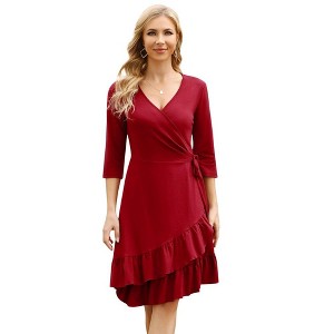 Women's Wrap Dress 3/4 Sleeve Midi Dresses for Women Sexy V Neck Ruffle Party A-Line Floral Flowy with Belt - 1 of 4