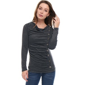 Allegra K Women's Cowl Neck Long Sleeves Buttons Decor Solid Ruched Top - 1 of 4