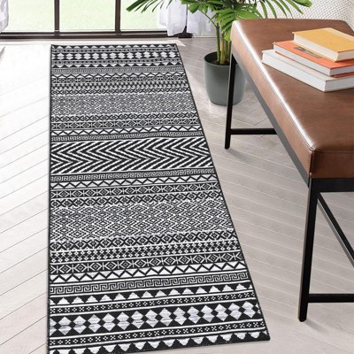 Modern Washable Rug Non-Slip - Geometric Low Pile Area Rug, Neutral Beige Kitchen Mat - Machine Washable & Stain Resistant