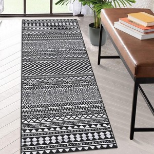 Modern Washable Rug Non-Slip - Geometric Low Pile Area Rug, Neutral Beige Kitchen Mat - Machine Washable & Stain Resistant - 1 of 4