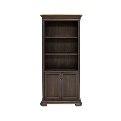 78" Brown Wood Bookcase with Doors and Adjustable Shelves