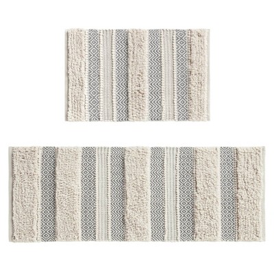 Asher Natural and Gray Cotton Blend Striped Bath Rug