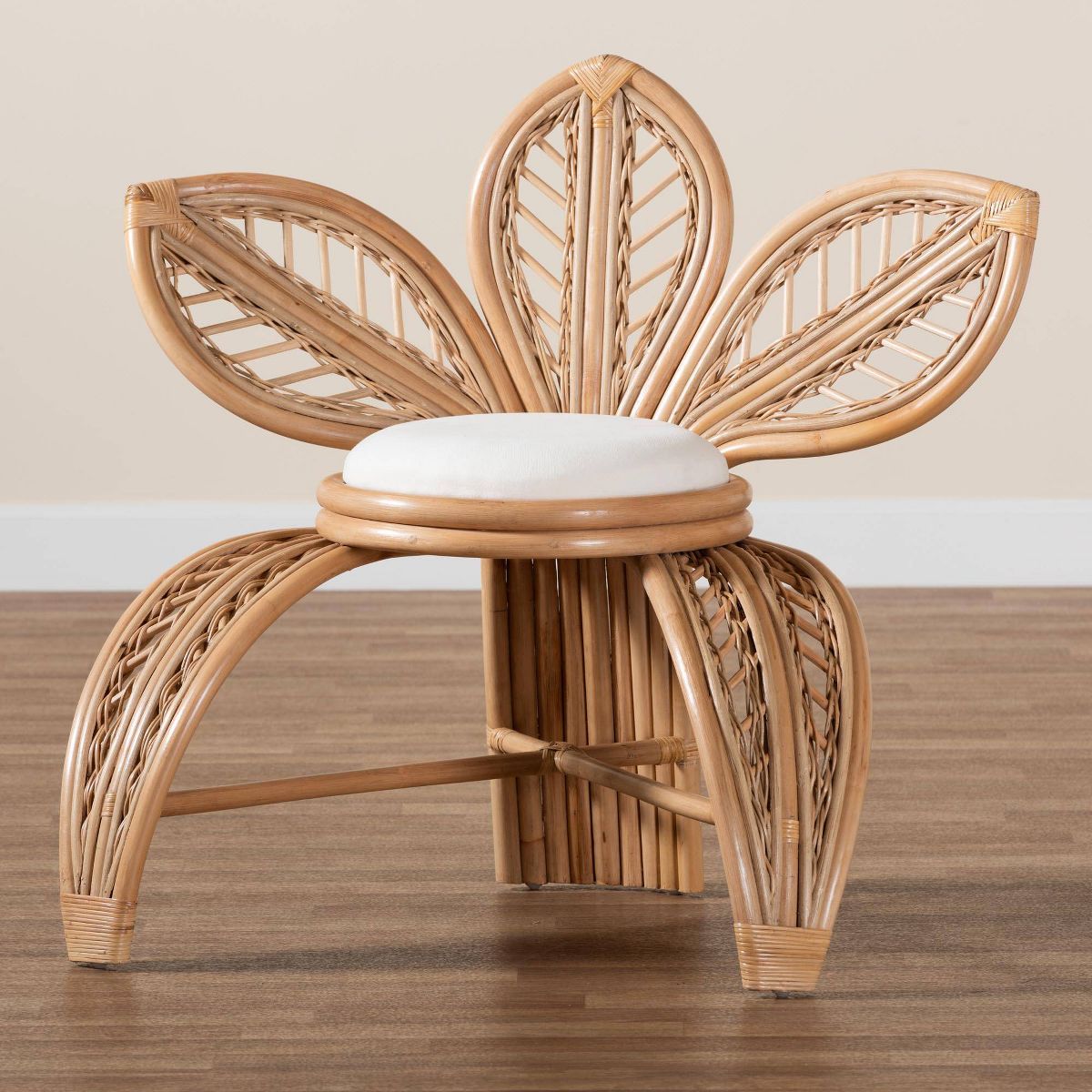 bali & pari Gresham Natural Rattan Leaf Accent Chair White/Natural Brown: Handcrafted, Foam Cushioned, No Assembly Required - thumbnail 9