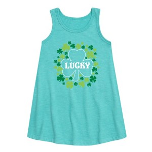 - Instant Message - St. Patrick's Day Lucky Shamrocks Filled Graphic Sleeveless Aline Dress - 1 of 3