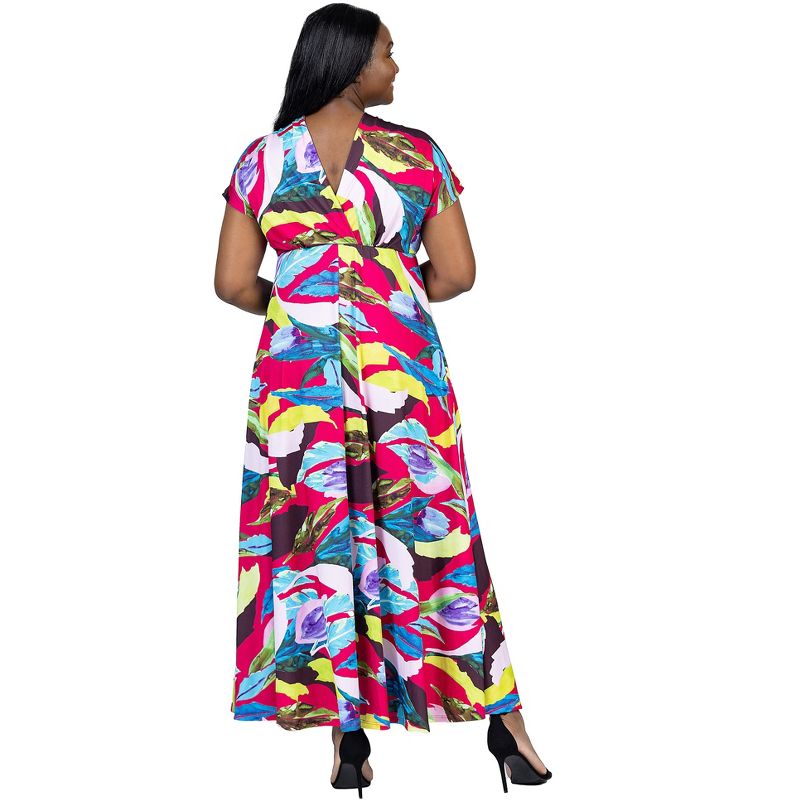 24seven Comfort Apparel Plus Size Floral Print V Neck Empire Waist Cap Sleeve Maxi Dress, 3 of 7