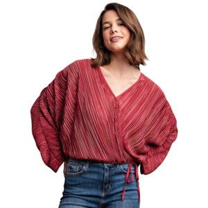Slickblue Women's Satin Pleated Drawstring Top with Snap Button, Long Sleeve Blouse, Mocha/Burgundy, Size S-L - 1 of 4