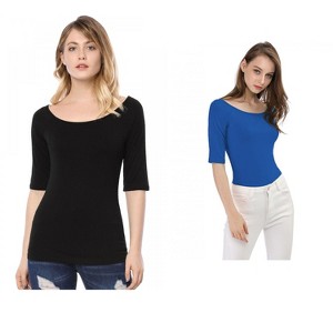 Allegra K Women's Half Sleeves Scoop Neck Fitted Layering Soft T-Shirt 2 Packs - 1 of 4