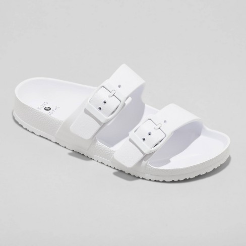 White slide shop sandals with heels