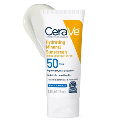 CeraVe Hydrating Mineral Face Sunscreen Lotion with Zinc Oxide – SPF 50 – 2.5oz