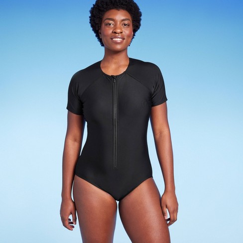 Women's Short Sleeve One Piece Swimsuit with Front Zip - Kona Sol™ Black S