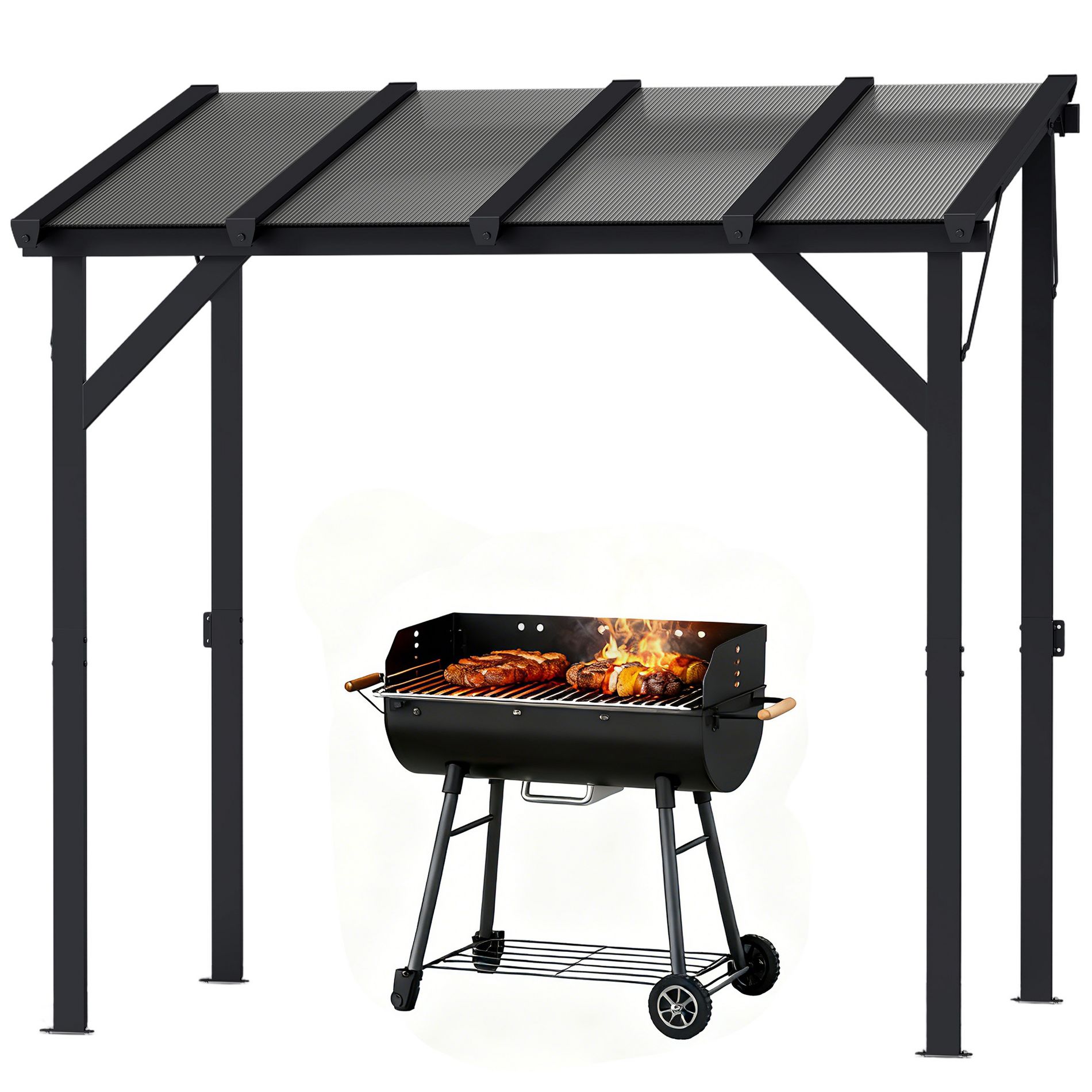 Grill Gazebo Lean-to Hardtop BBQ Shelter with Polycarbonate Roof for Backyard Patio