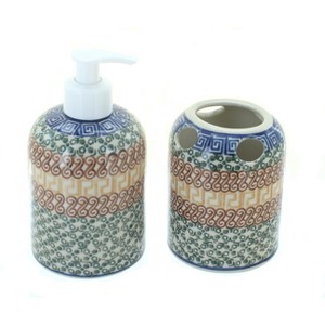 Blue Rose Polish Pottery 573 Ceramika Artystyczna Soap Dispenser & Toothbrush Holder - 1 of 1