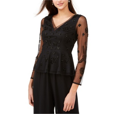 Adrianna Papell Womens Embellished Pullover Blouse, Black, 4