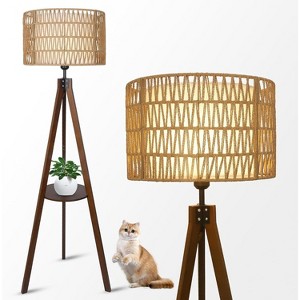 KTMBDW Tripod Floor Lamp, Mid Century Wood Standing Lamp, Modern Design Shelf Floor Lamp for Living Room, Bedroom, Office, Brown - 1 of 4