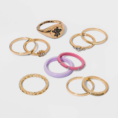 Flower Signet and Pink Enamel Ring Set 10pc - Wild Fable™ Gold