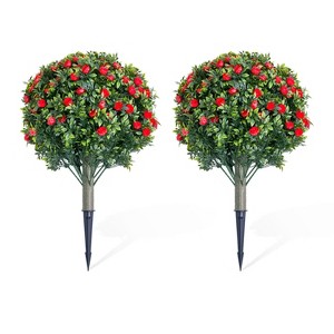 23.6" Artificial Rose Topiary Ball Trees with Ground Spike, UV Resistant Greenery Shrubs with Flowers, Fake Plants with Metal Stakes - 1 of 4
