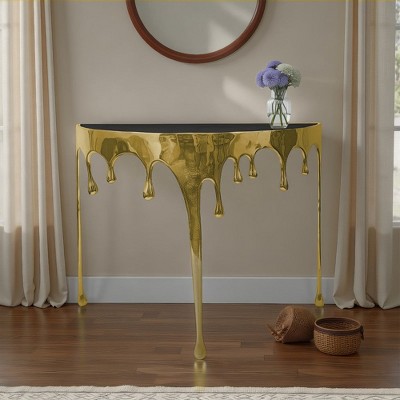 Royal Hampton Sofa Console Table | 36.25" Half Moon Glass Top | Melting Drip Design | Aluminum Cast