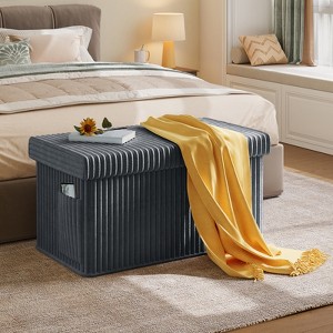 Pinmoco 30" Folding Storage Ottoman Bench with White Blanket and Side Pocket, Corduroy Storage Bench Footrest for Entryway Living Room - 1 of 4