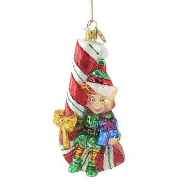 Huras 5.5" Elf Sitting On A Candy Cane Ornament Sprite Christmas  -  Tree Ornaments