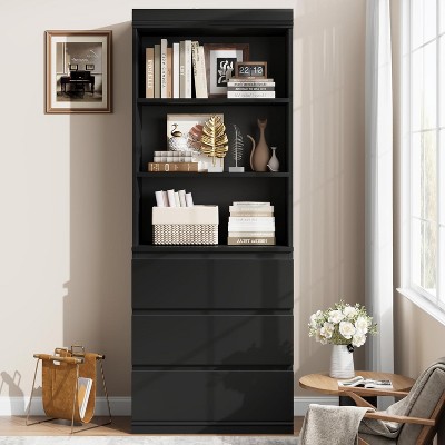 Garvee Modern Black 70" Tall Bookcase with 3 Drawers and 3 Open Shelves, Glossy Farmhouse Bookshelf Storage Cabinet