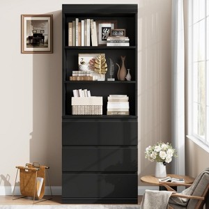 Garvee Modern Black 70" Tall Bookcase with 3 Drawers and 3 Open Shelves, Glossy Farmhouse Bookshelf Storage Cabinet - 1 of 4