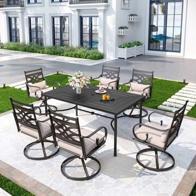 7pc Outdoor Dining Set with Svivel Chairs with Cushions & Large Metal Rectangle Table with Umbrella Hole - Captiva Designs: Powder-Coated Steel