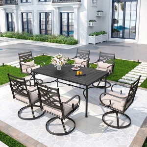 7pc Outdoor Dining Set with Svivel Chairs with Cushions & Large Metal Rectangle Table with Umbrella Hole - Captiva Designs: Powder-Coated Steel - 1 of 4