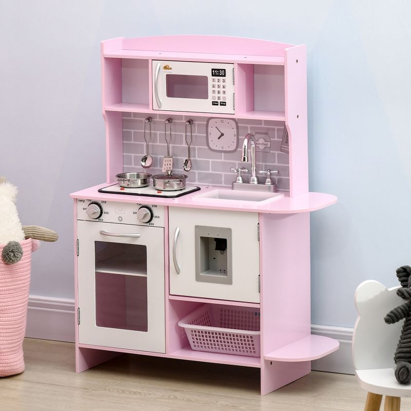 Qaba Pretend Play Kitchen with Sound Effects and Stove Lights, Kids Kitchen Playset with Storage, Water Dispenser for 3-6 Years Old, Pink, 2 of 7