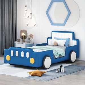 Twin Size Race Car-Shaped Platform Bed with Wheels,Blue - 1 of 4