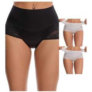 INSPIRE CHIC Women's Hi-Cut Satin High Waisted Lace Trimmed Tummy Control Underpants Briefs 3 Packs - 1 of 4