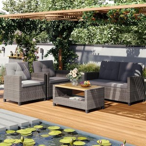 Heynemo 4-Piece Patio Furniture Set, All Weather Wicker Patio Conversation Seating Sets with 2-Tier Coffee Table, Outdoor Sofa Couch - 1 of 4