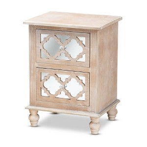 Celia Wood and Mirror 2 Drawer Quatrefoil Nightstand Natural - Baxton Studio: Vintage White-Washed, Crystal Knobs, Fully Assembled - 1 of 4