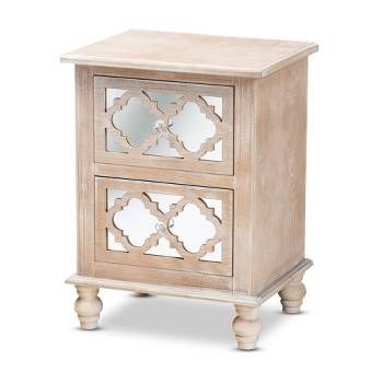 Celia Wood and Mirror 2 Drawer Quatrefoil Nightstand Natural - Baxton Studio: Vintage White-Washed, Crystal Knobs, Fully Assembled