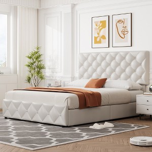 Whizmax Queen Size Bed Frame with 4 Storage Drawers, Faux Leather Upholstered Platform Bed Frame with Adjustable Headboard, No Box Spring Needed - 1 of 4
