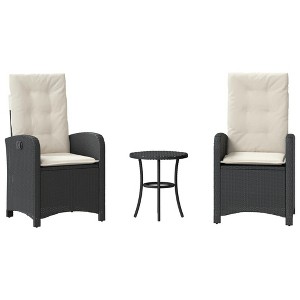 vidaXL 3-Piece Black Poly Rattan Bistro Set with Adjustable Backrest and Washable Cushions - Comfortable Outdoor/Garden Reclining Chairs and Table - 1 of 4