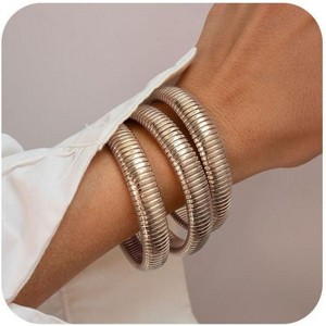 Gold Stretch Bangles for Women - Set of 3 Chunky 24K Gold Plated Stainless Steel Flexible Wide Stack Bracelets - 1 of 4