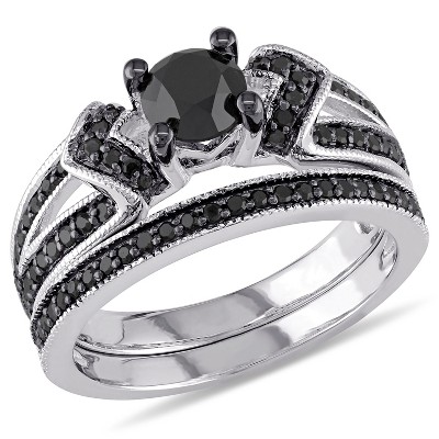 EVERLY JEWELRY | Sterling Silver Black Rhodium 1 1/8 CT Black Diamond TW Bridal Set Ring