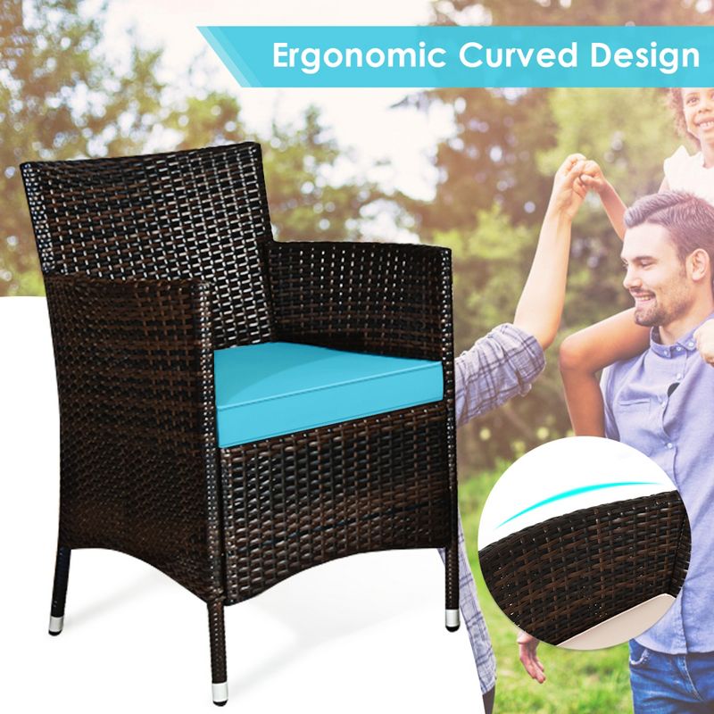 Tangkula 4 Pieces Patio Rattan Conversation Furniture Set Outdoor w/ Brown & Turquoise Cushion, 4 of 10