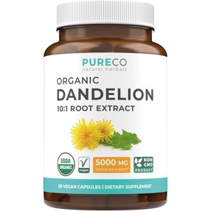 USDA Organic Dandelion 10:1 Root Extract Capsule, High Strength Dandelion Root Supplement for Liver Cleanse Detox & Repair Support, Pure Co, 60ct - 1 of 4