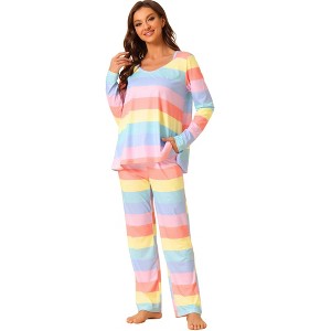 cheibear Women's Cotton Rainbow-Stripe Long Sleeves Lounge with Pants Pajama Set - 1 of 4