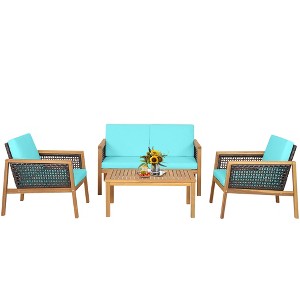 Tangkula 4PCS Patio Acacia Wood Furniture Set PE Rattan Conversation Set w/ Turquoise Cushions - 1 of 4