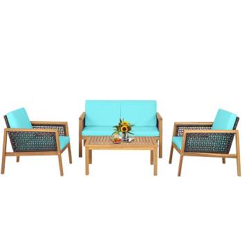 Tangkula 4PCS Patio Acacia Wood Furniture Set PE Rattan Conversation Set w/ Turquoise Cushions