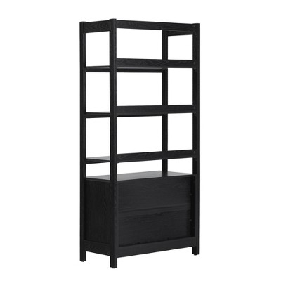 Vynxaria Transitional Wide Reeded Bookshelf with Bottom Drawers 4 Open Shelves, Reeded Fronts, Durable MDF/Laminate, Black
