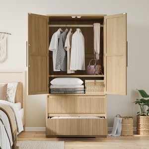 Garvee Armoire Wardrobe Closet, Bedroom Tall Wooden Wardrobe Storage Cabinet with 2 Drawers, Hanging Rod, 2 Doors, for Bedroom, Apartment - 1 of 4