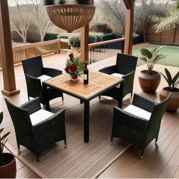 5-Piece Patio Wicker Dining Set, Outdoor Furniture with Acacia Wood Top Table, Black+Creme 4M - ModernLuxe