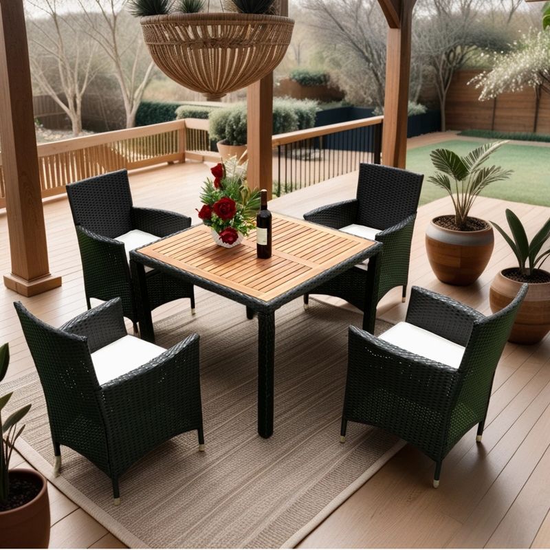 5-Piece Patio Wicker Dining Set, Outdoor Furniture with Acacia Wood Top Table, Black+Creme 4M - ModernLuxe, 1 of 13