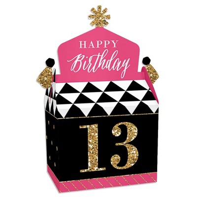 Big Dot of Happiness Chic 13th Birthday - Pink, Black and Gold - Treat Box Party Favors - Birthday Party Goodie Gable Boxes - Set of 12