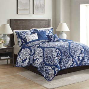 6 Piece Printed Cotton Quilt Set with Throw Pillows Indigo Full/Queen - 1 of 1