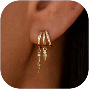Dangle Earrings for Women,14k Gold Plated Triple Huggie Stud Earrings Cute Statement Chain Earring Dainty Drop - 1 of 4
